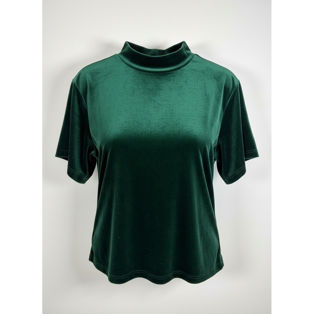 Vintage 90s Velvet Mock Neck Top Green Short Sleeve L 14/16 Goth Christmas READ